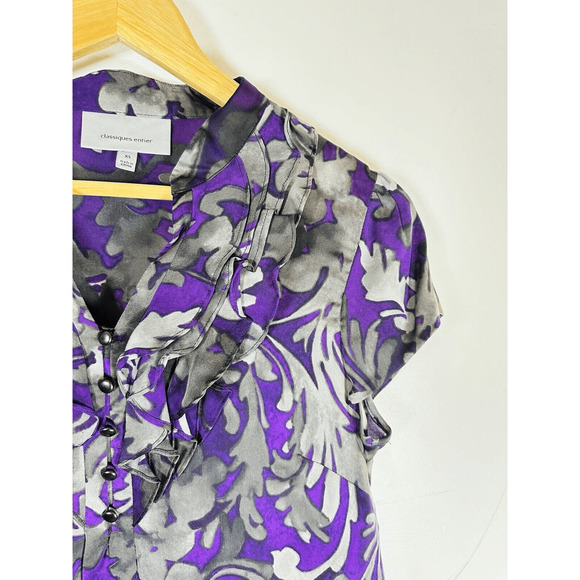 Classiques Entier Purple Grey 100% Silk Shirt Short Sleeve Ruffles Womans XS GUC - Picture 5 of 15
